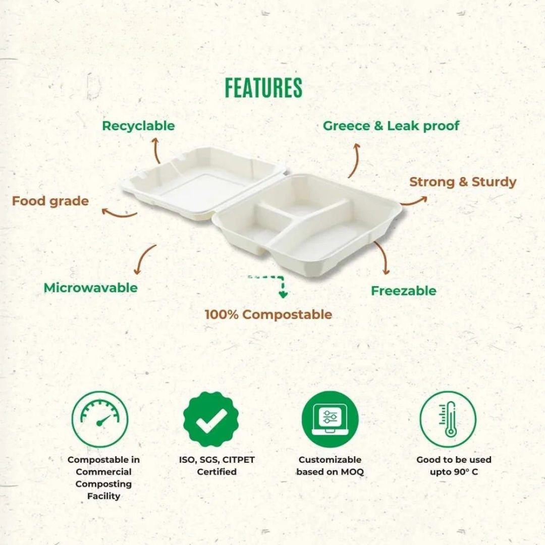 8X8 3 Compartments Clampshell Bagasse